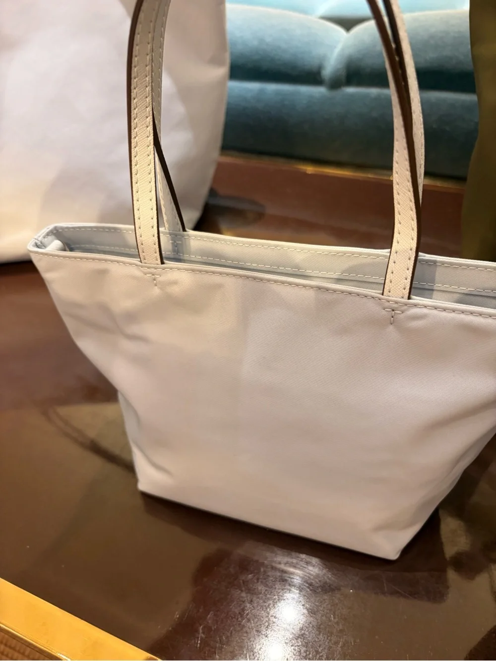 Tory Burch nylon printed mini tote with shoulder strap pattern color light blue